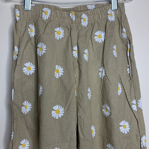 Tan Daisy Flower Pattern Pocket Cotton Beach Pants Hippie 70’s Flashback Bottoms - Picture 2 of 12
